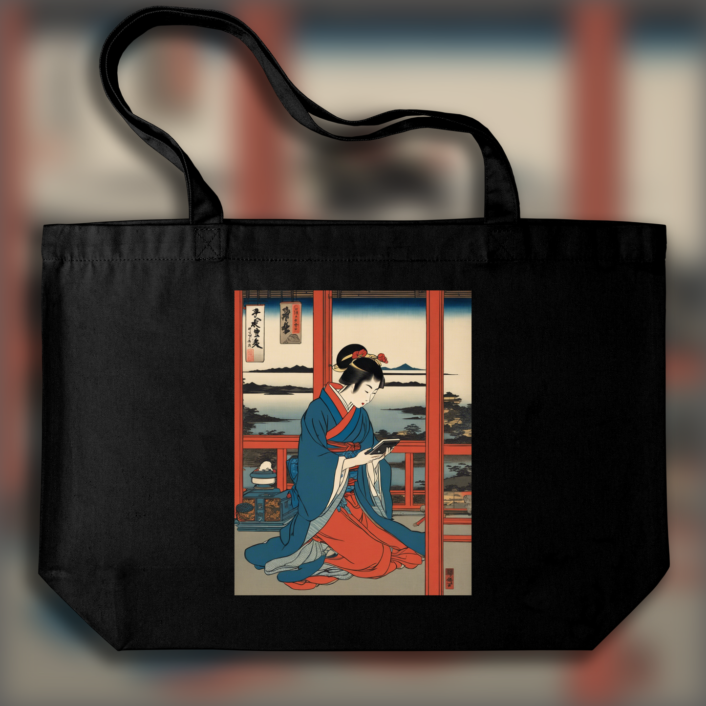 Tote bag - Vues poétiques ukiyo-e, moments fugaces, A women playing with a nintendo game boy - 2838626632