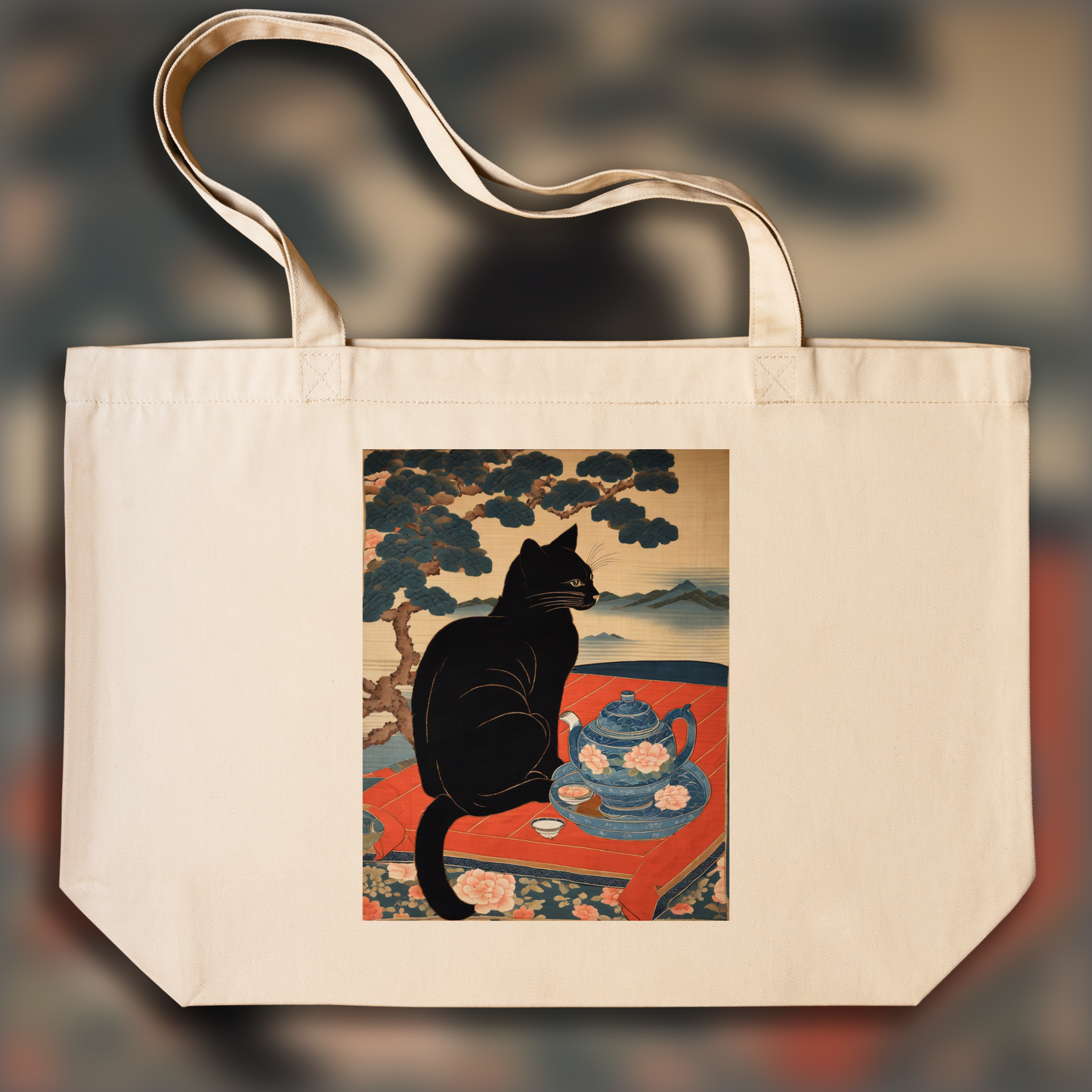 Tote bag - Tapisserie japonaise du XIXème siècle, A black cat drinking tea - 1733387598