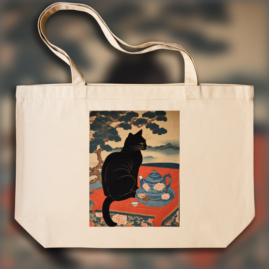 Tote bag - 19th century Japanese tapestry, A black cat drinking tea - 1733387598
