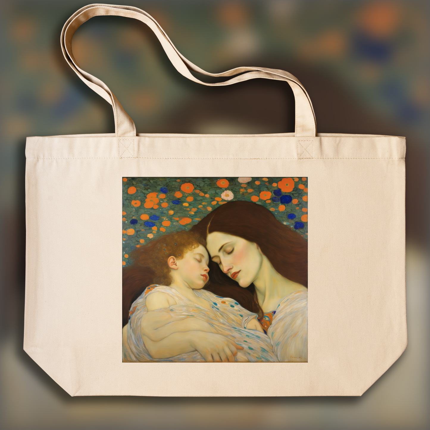 Tote bag - Klimt, Mother long flowing hair cradling child sleeping  - 585728324