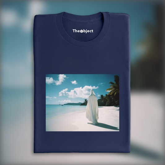 T-Shirt - 35mm analog photography, a white ghost in the shell cyborg, Seychelles beach - 3615964658