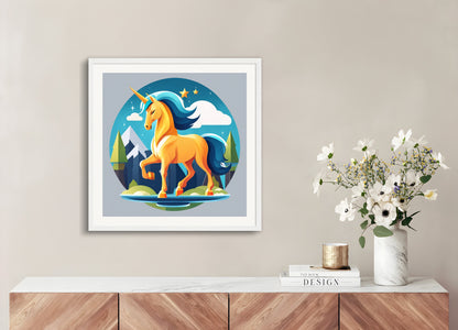 Poster with wood frame: Flat icon, Unicorn