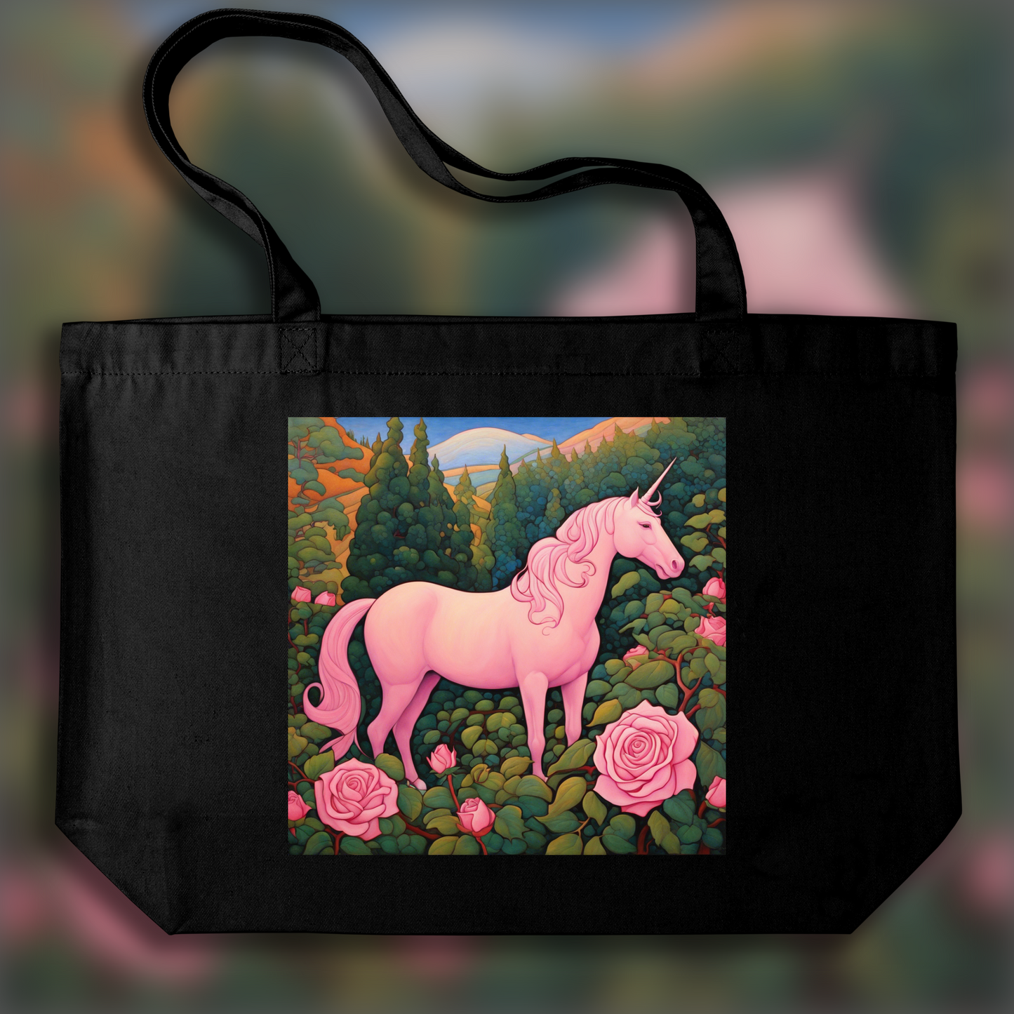 Tote bag - Mystical symbolist compositions in bright colors, Pink unicorn - 1988538524