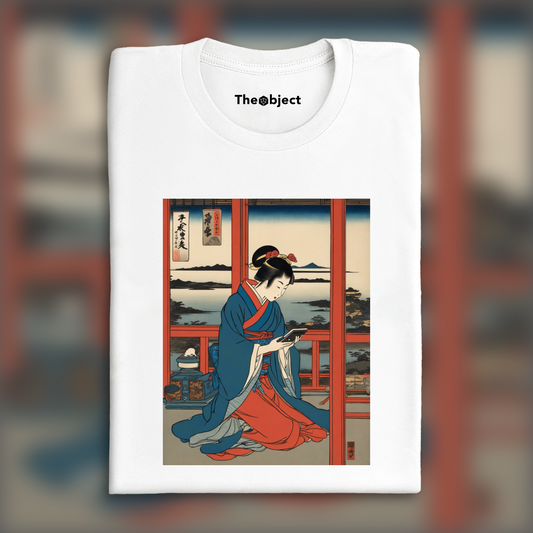 T-Shirt - Poetic ukiyo-e views, fleeting moments, A women playing with a nintendo game boy - 2838626632