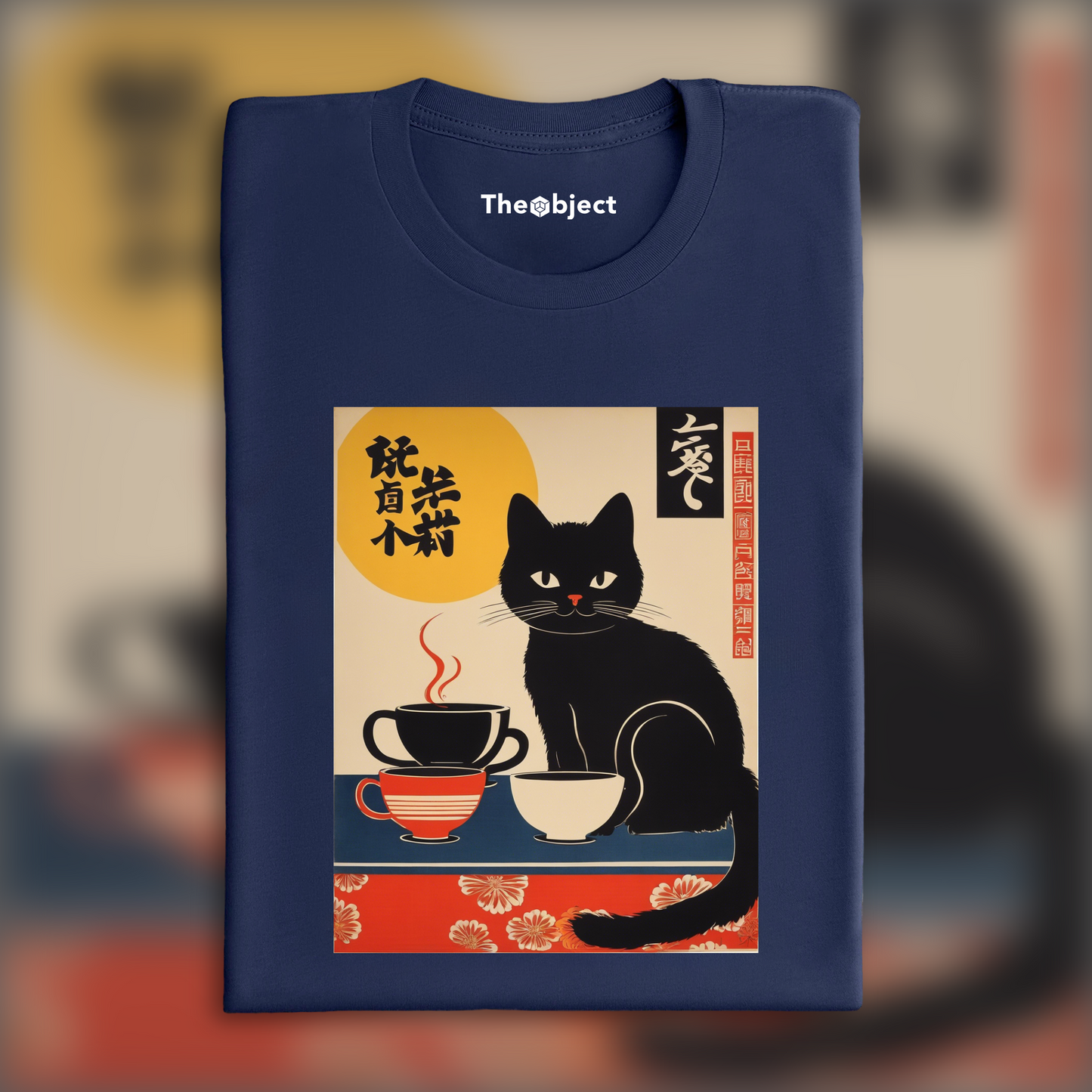 T-Shirt - Japanese vintage poster, a black cat drinking coffee - 296803188