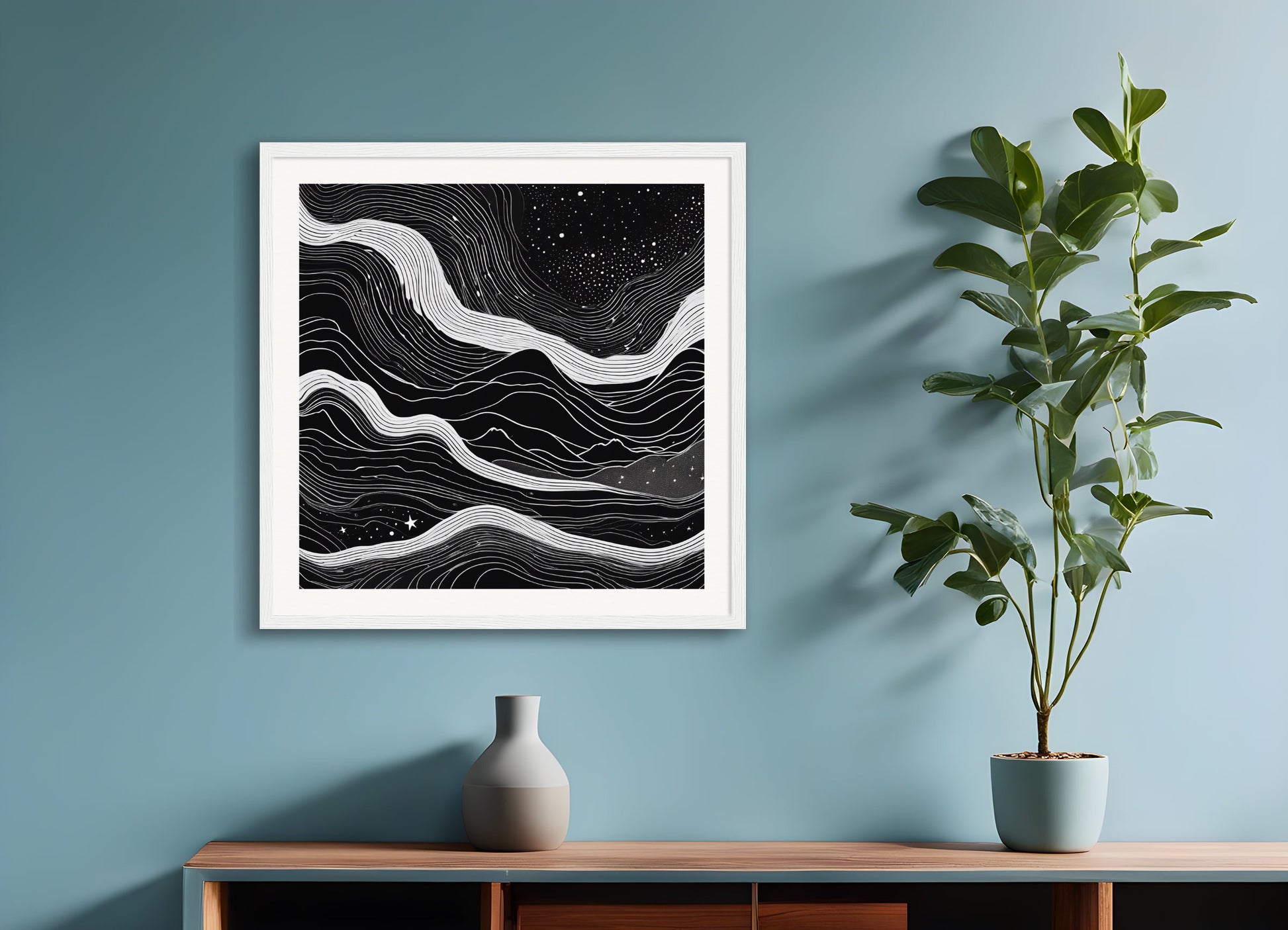 Poster with wood frame: Monochrome art, topographic lines on a cosmic background, Coffee