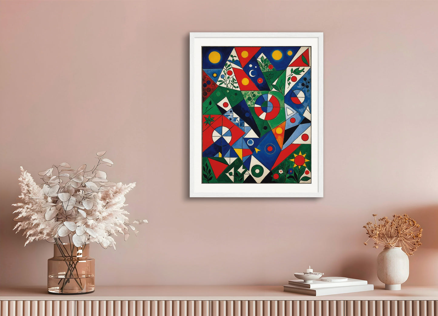 Poster with wood frame: Painting without school, surrealism and neo-primitivism, Geometric patterns