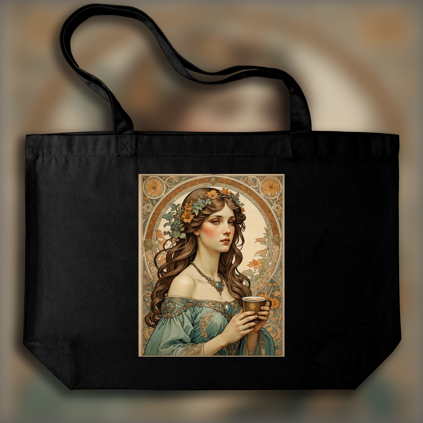 Tote bag - Fusion enchantée de lignes ornées et de formes fluides, Café - 148967204