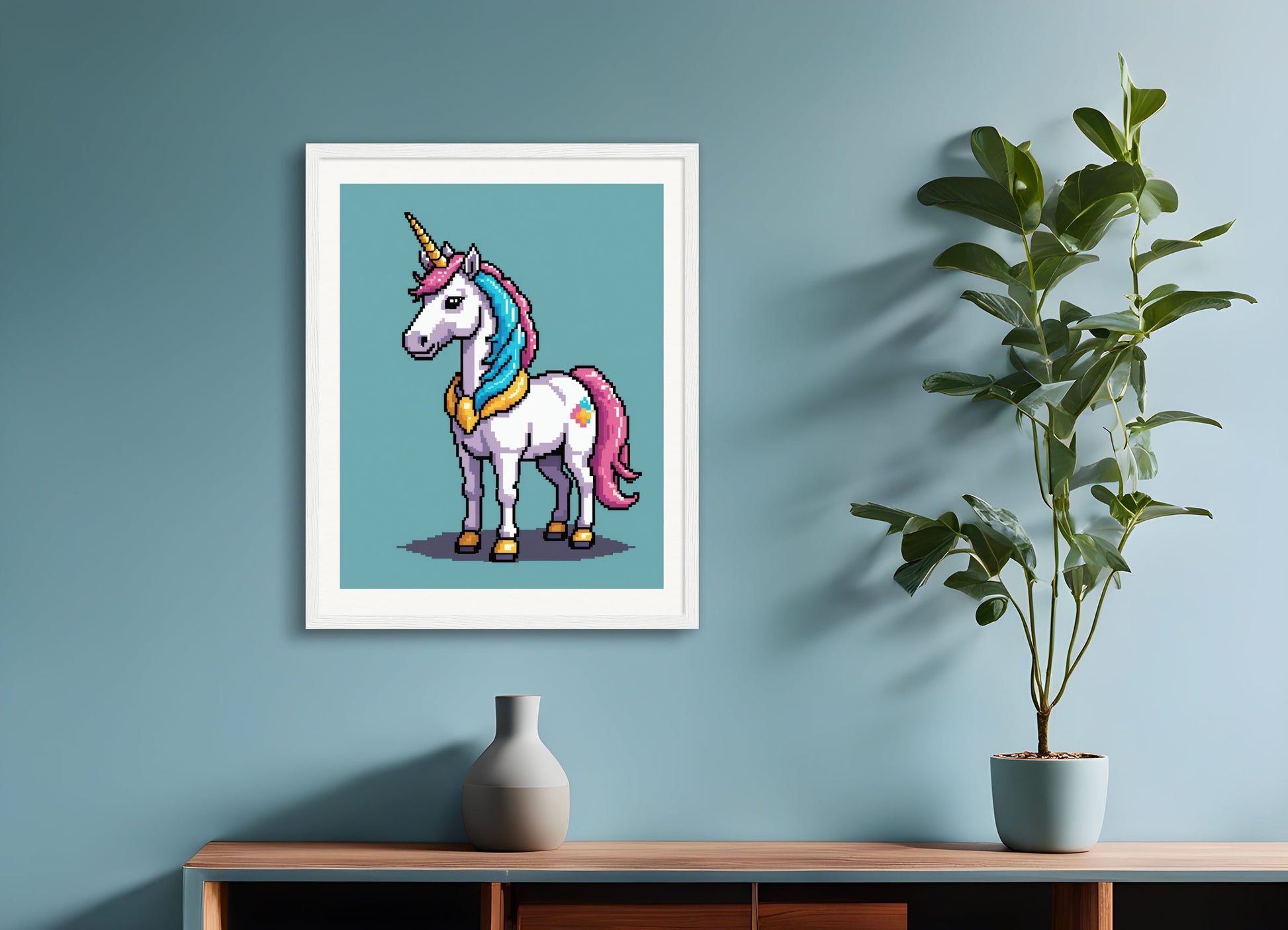 Poster with wood frame: Pixel art, Unicorn