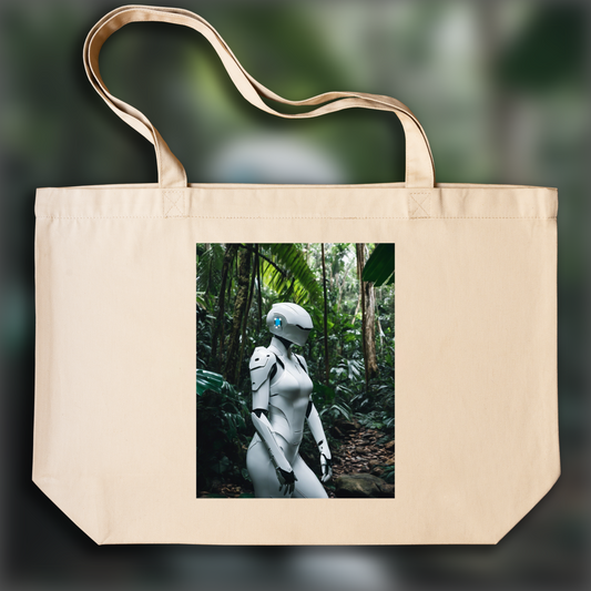 Tote bag - Photographie réaliste, a white ghost in the shell cyborg in the Seychelles jungle - 2792670358