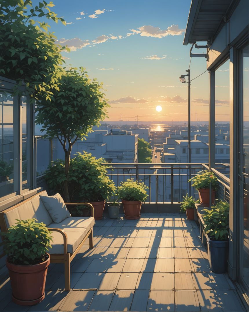 Image - Animé contemporain japonais, Une terrasse tranquille, soleil couchant - 3336632727