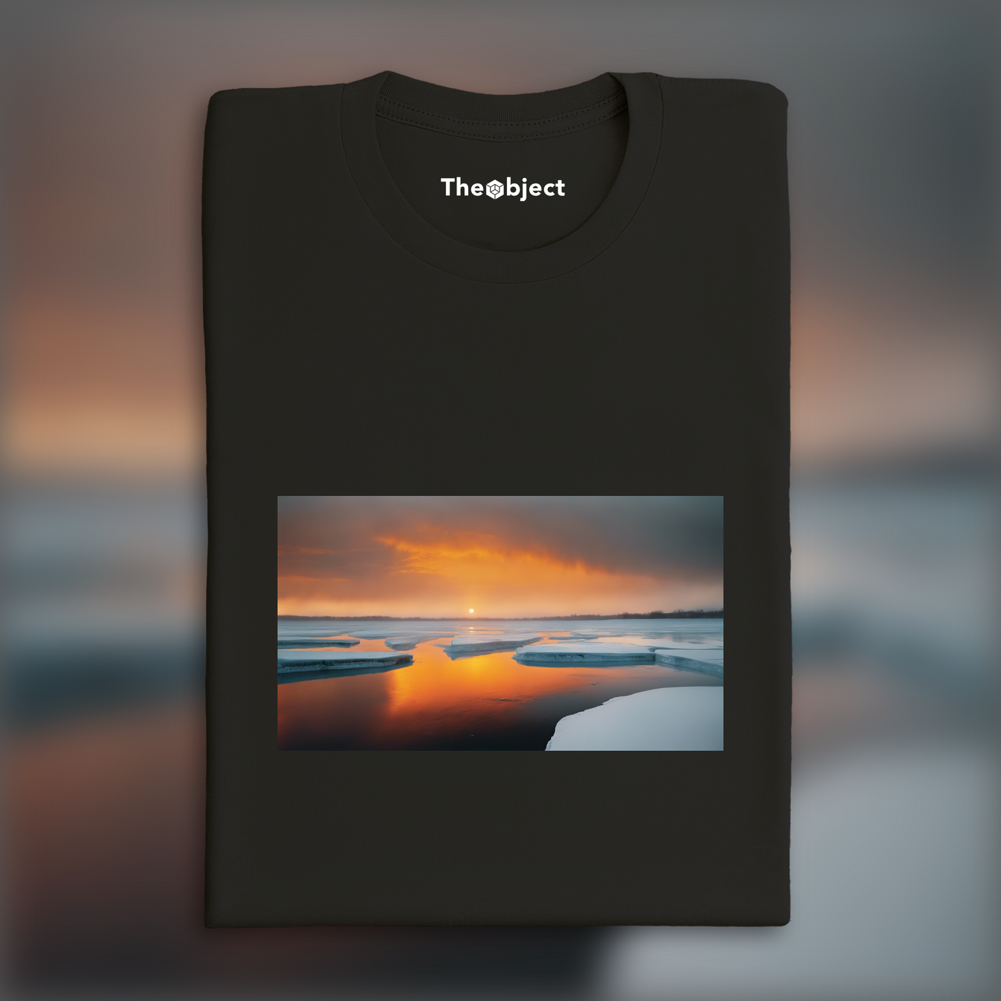 T-Shirt - Abstract urban photographs emphasizing the play of light and shadow, Orange Sun above an ice lake, dramatic scene - 1301563017