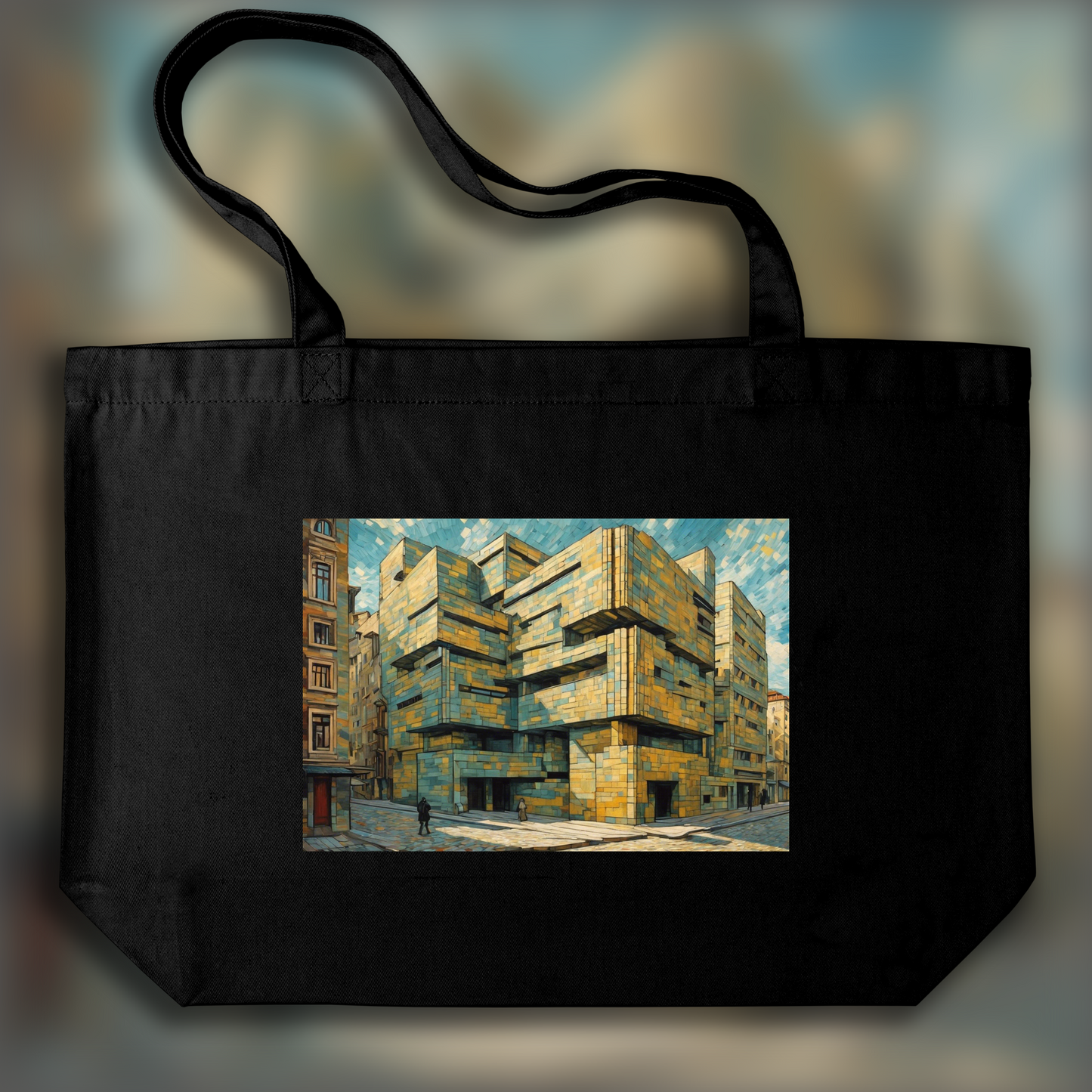 Tote bag - Painting capturing the passionate turbulence of nature and human emotion, Brutalist architecture, city - 4061858716