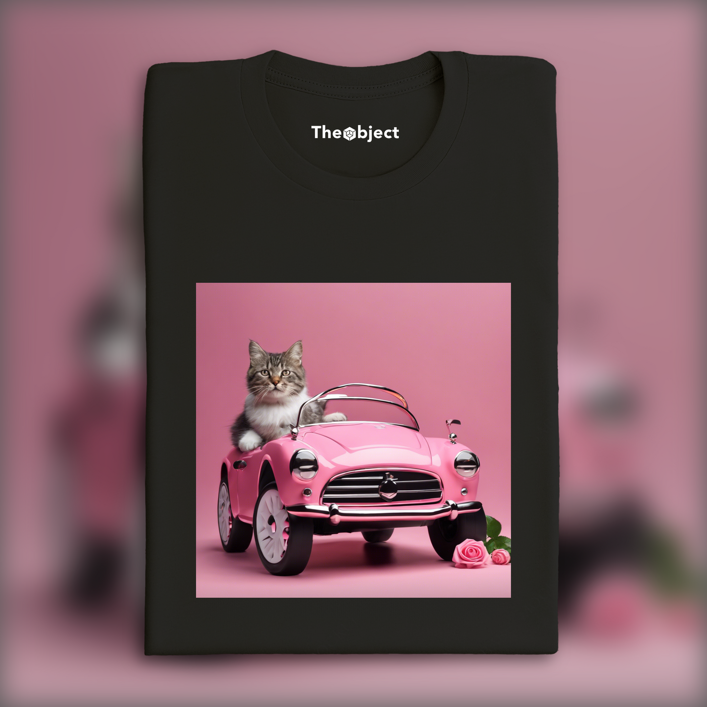 T-Shirt - Voiture rose pour bébé avec un chat , Voiture rose  électrique pour bébé avec un chat  - 3131974221