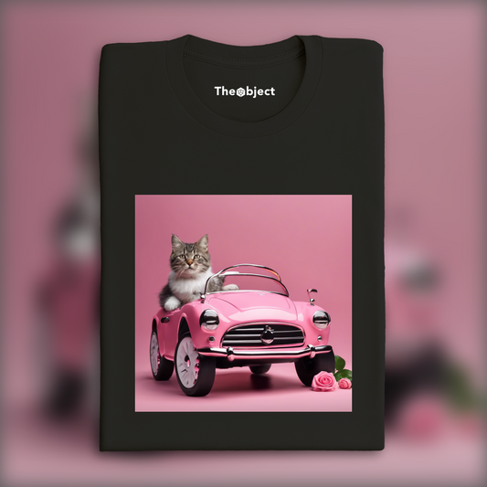 T-Shirt - Voiture rose pour bébé avec un chat , Voiture rose  électrique pour bébé avec un chat  - 3131974221