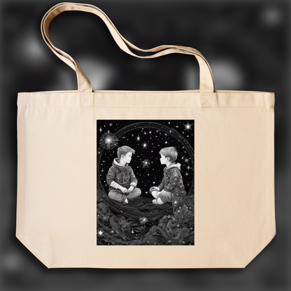 Tote bag - Constellations beautiful drawing, black background, Astrology, twins boys - 3393867059