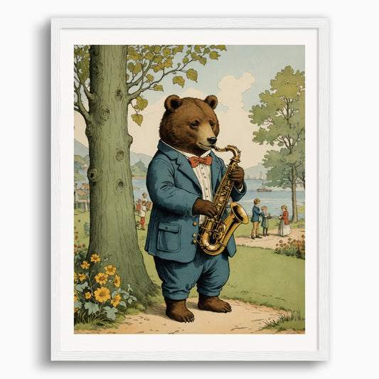 Poster: British illustrations, innocent and nostalgic childhood, a bear plays the saxophone