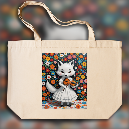 Tote bag - Artiste contemporain japonais kawaï, renard dans une robe blanche joue du violon - 176679951