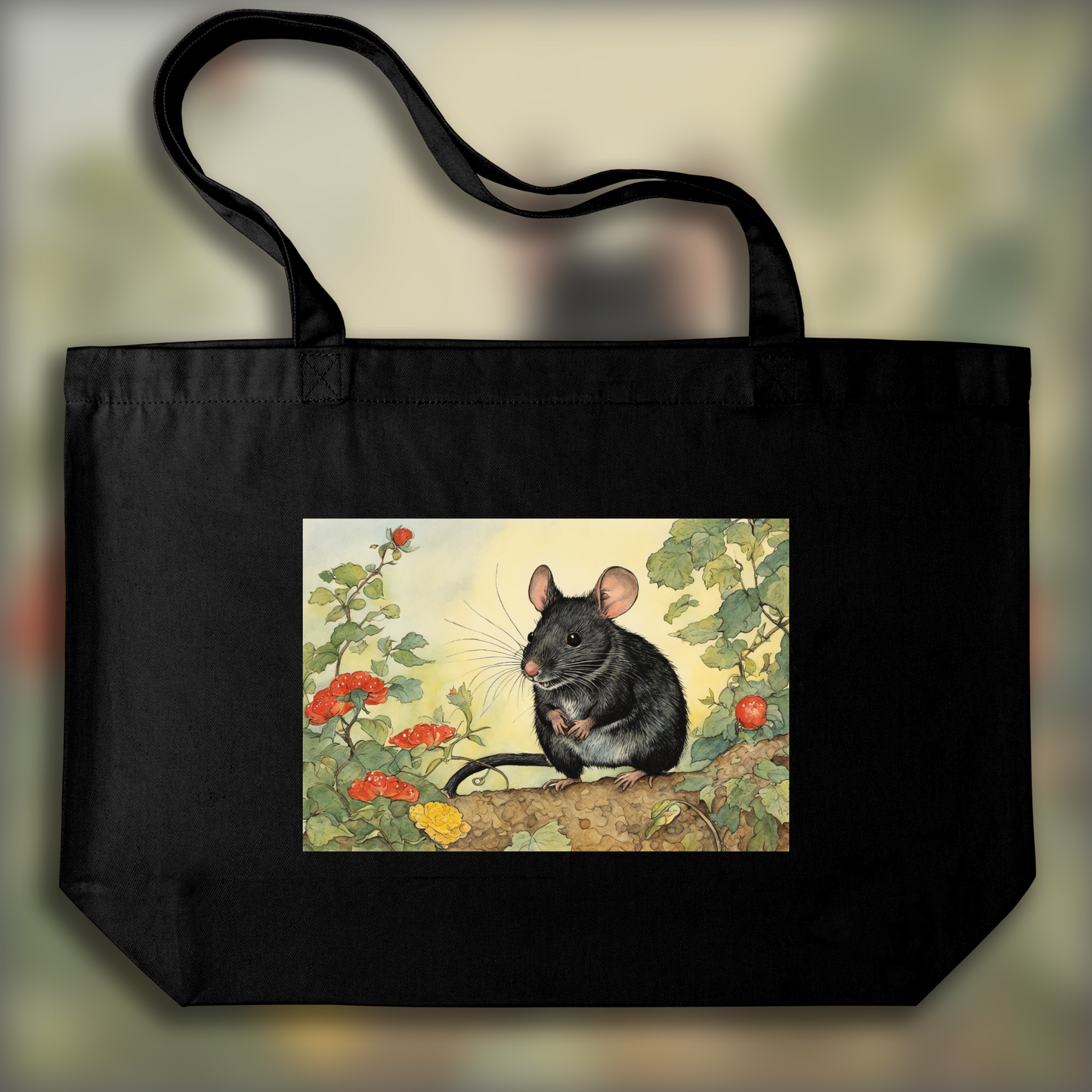 Tote bag - Contemporary naive American comic strip, a black mouse - 3077864417