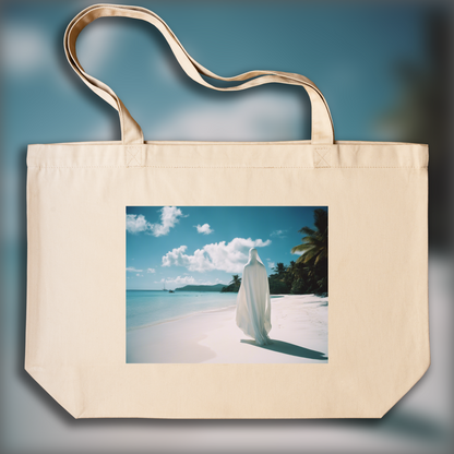 Tote bag - Photographie analogue 35mm, a white ghost in the shell cyborg, Seychelles beach - 3615964658