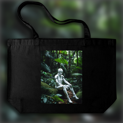 Tote bag - Photographie réaliste, a white ghost in the shell cyborg in the Seychelles jungle - 491533747