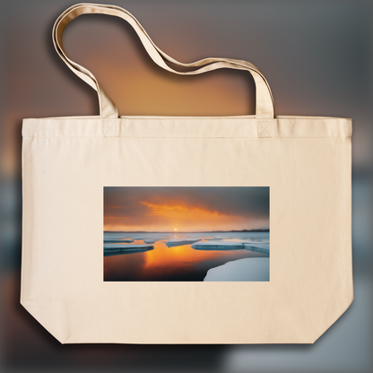 Tote bag - Abstract urban photographs emphasizing the play of light and shadow, Orange Sun above an ice lake, dramatic scene - 1301563017