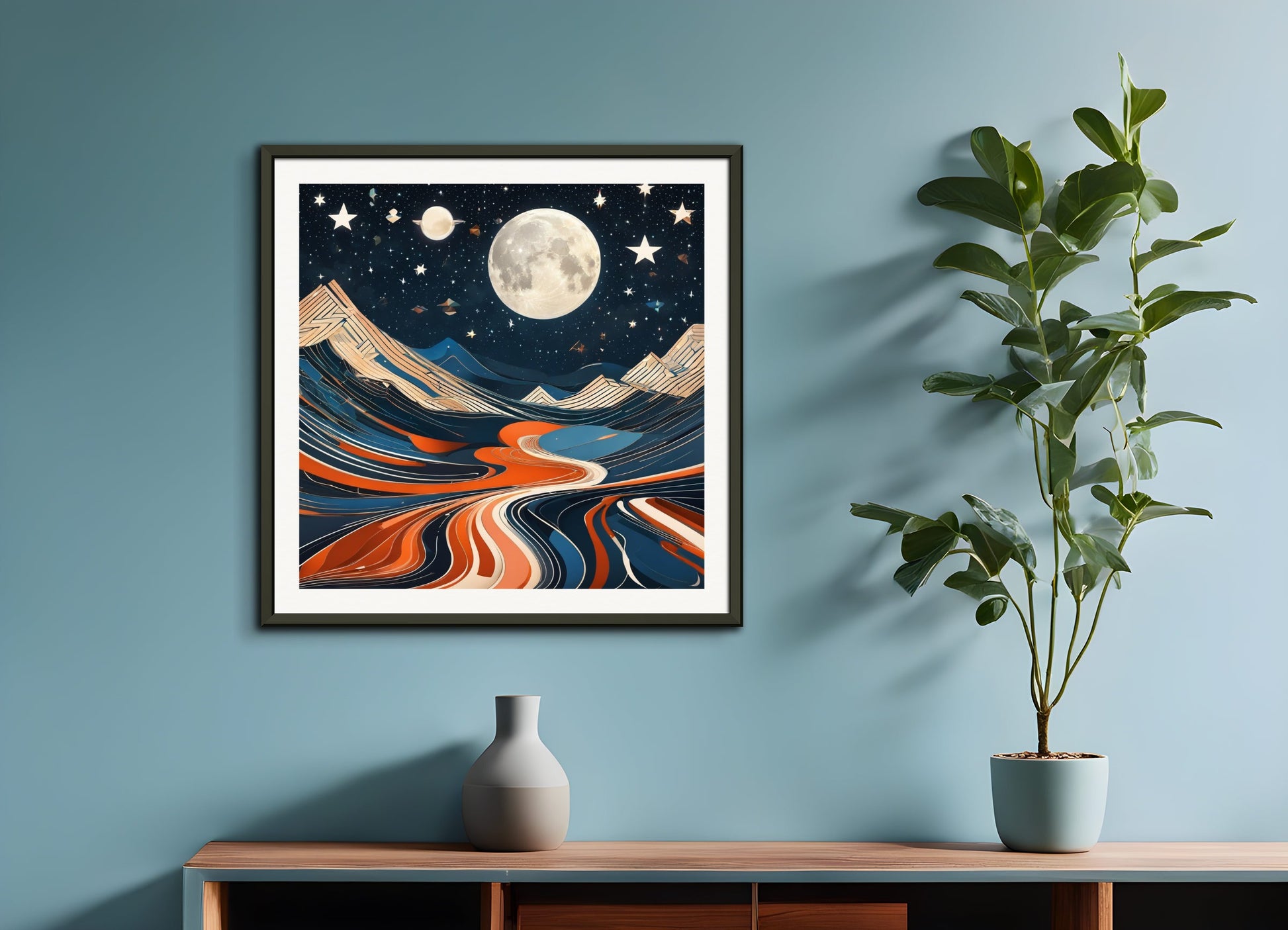 Poster with metal frame: Futurism, Moon and starry sky