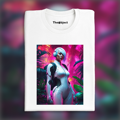 T-Shirt - Neon punk, a white ghost in the shell cyborg in the Seychelles jungle - 1305163940