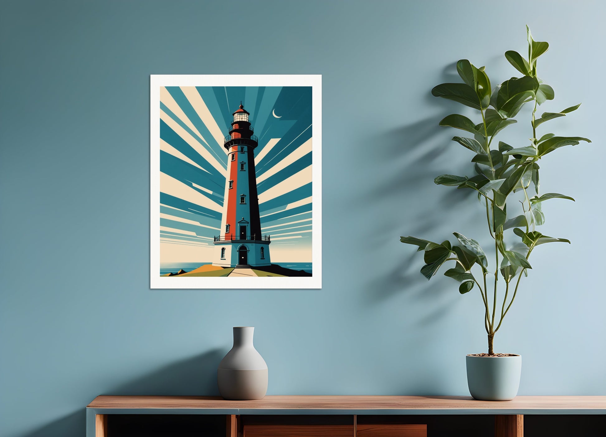 Poster: Clean and functional style characterized by the use of geometry, restrained color palettes, Lighthouse