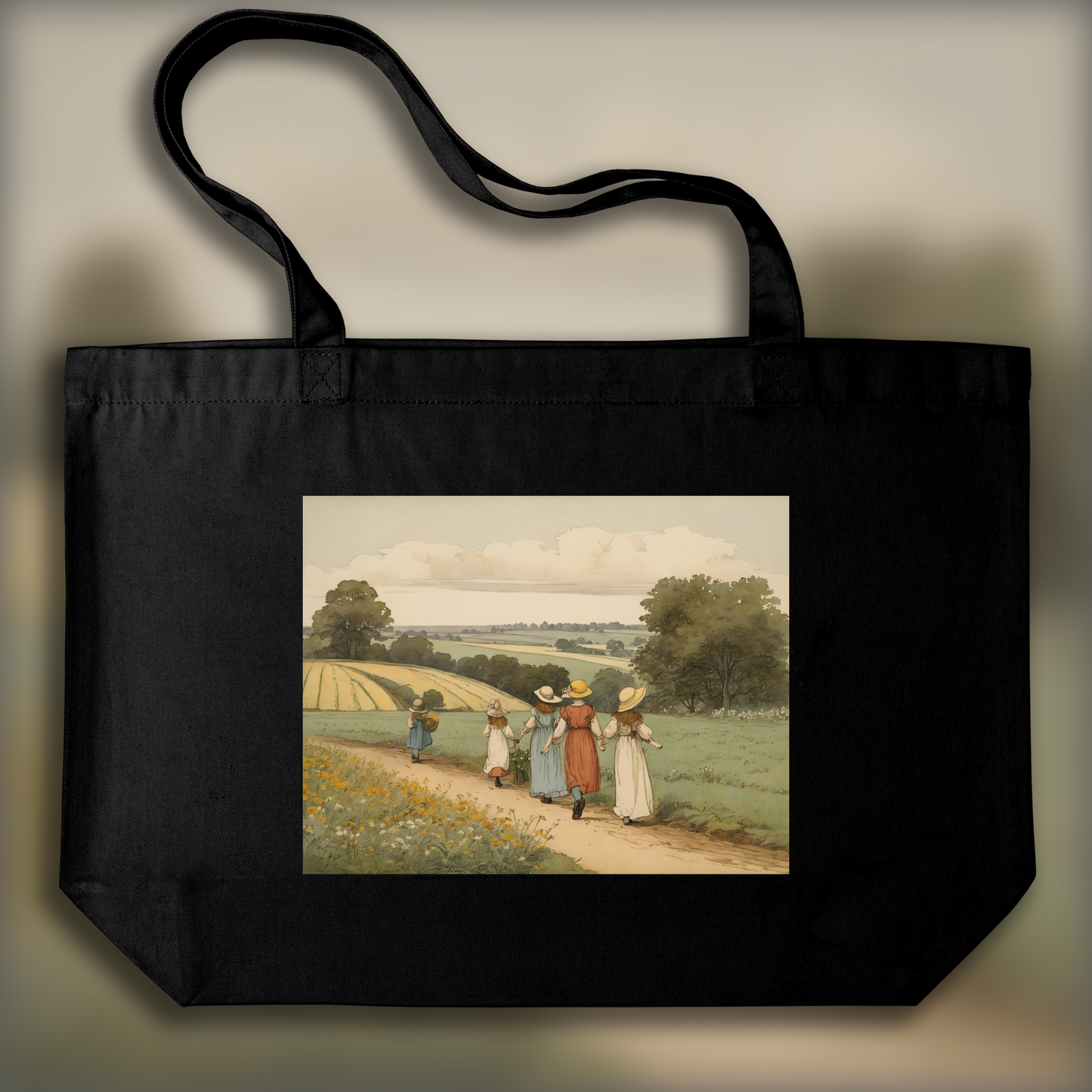 Tote bag - British illustrations, innocent and nostalgic childhood, Fields - 2248993447