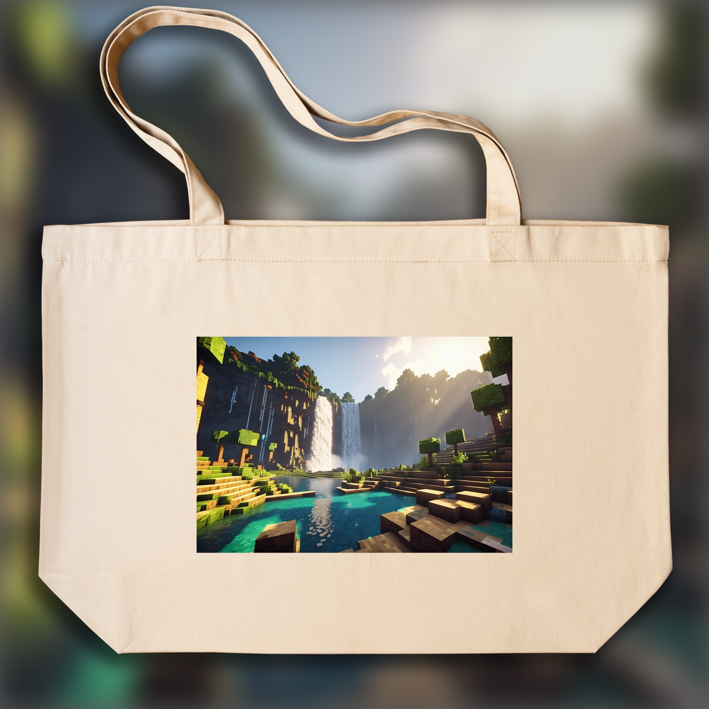 Tote bag - Minecraft, rain, lightnings and big waterfall - 2808517005