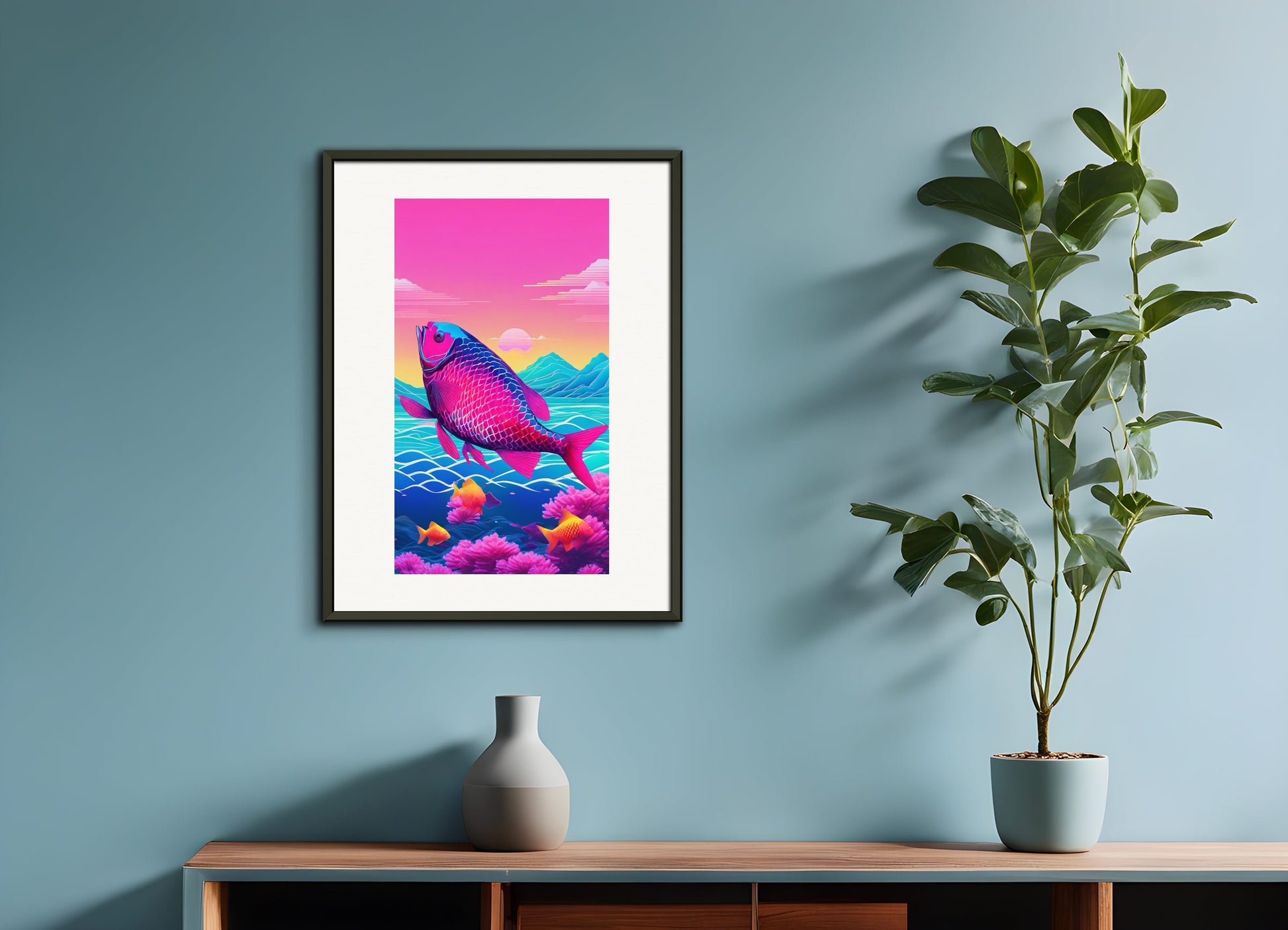 Poster with metal frame: Vaporwave, Fish