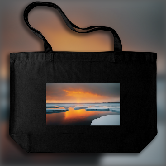 Tote bag - Abstract urban photographs emphasizing the play of light and shadow, Orange Sun above an ice lake, dramatic scene - 1301563017