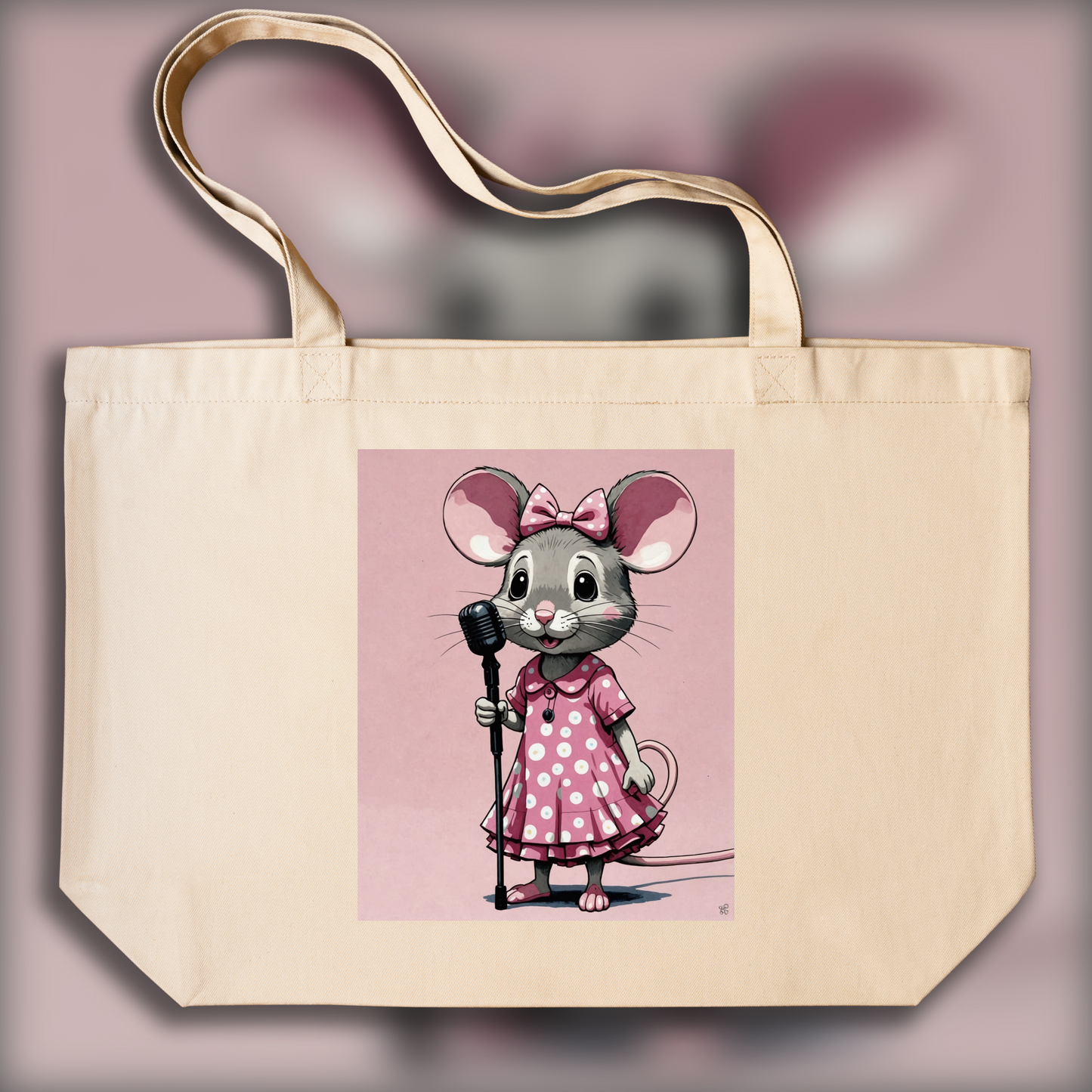 Tote bag - Contemporary Japanese kawaii artist, mouse in a pink dress with a microphone - 3905697924