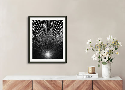 Poster with metal frame: Black and white, cosmic pointillism, bursts of light, Fields