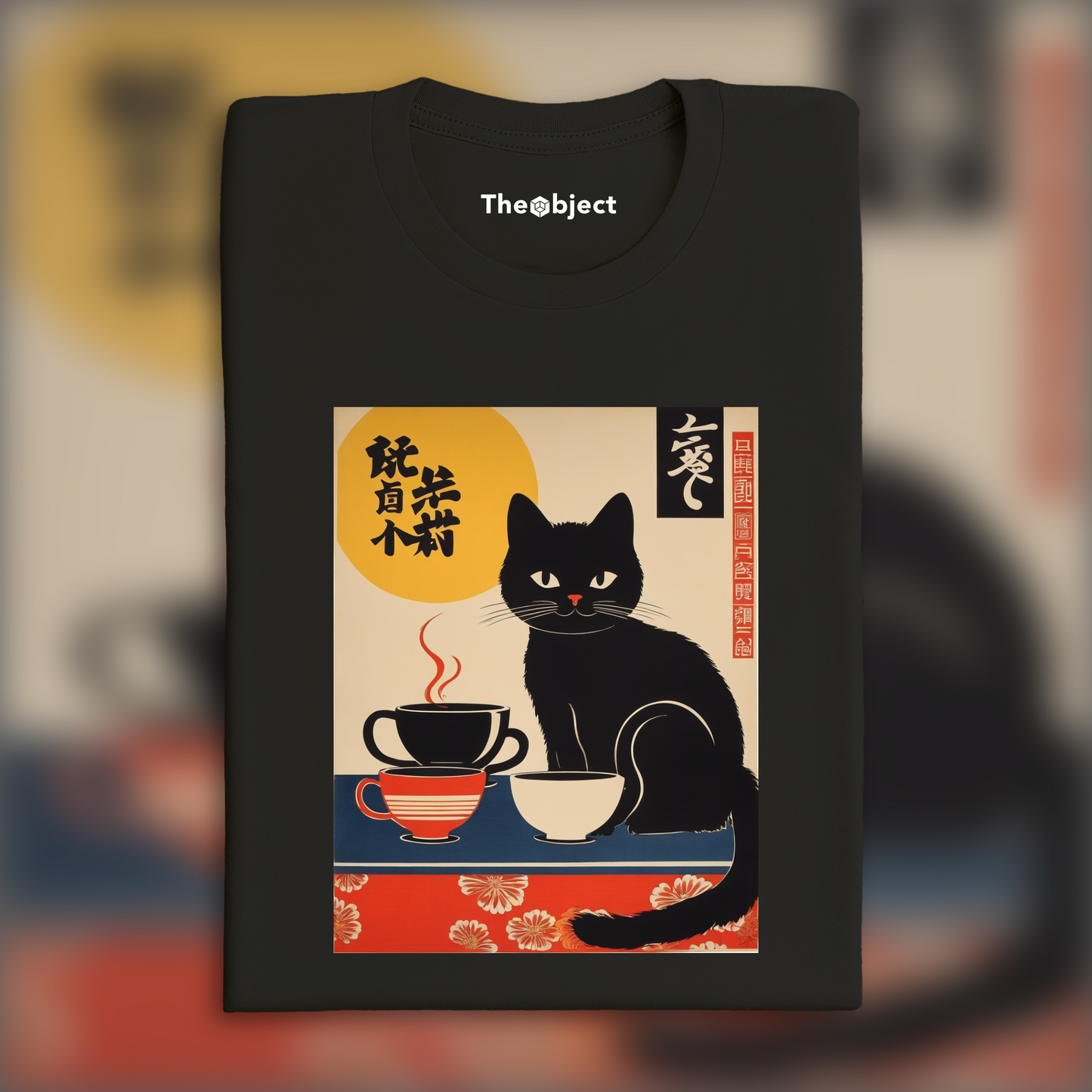 T-Shirt - Japanese vintage poster, a black cat drinking coffee - 296803188