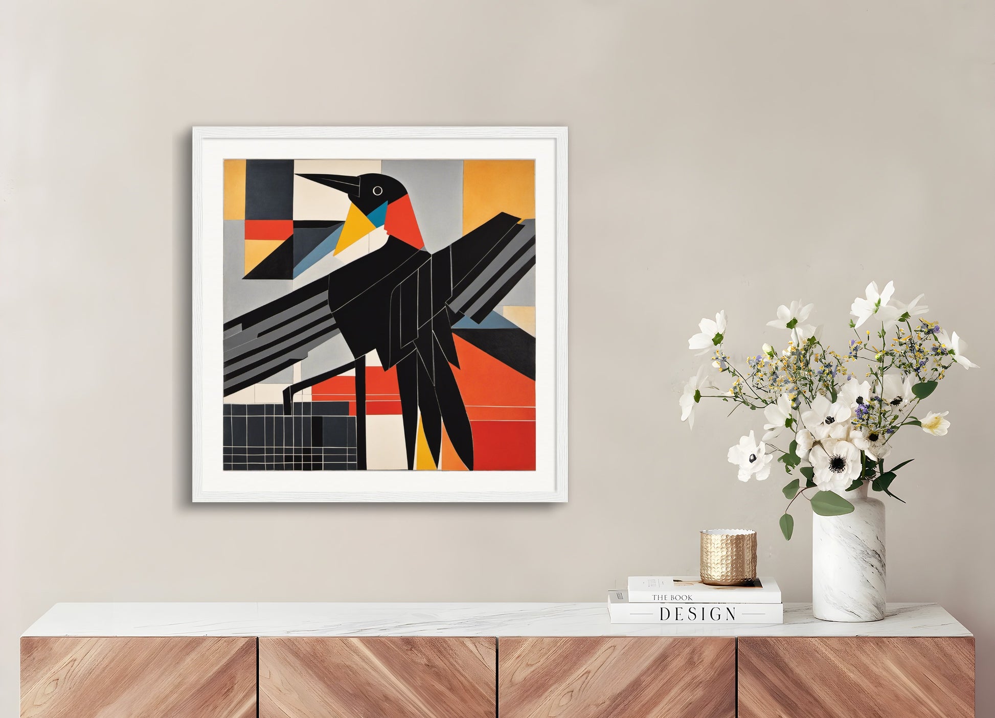 Poster with wood frame: Lines and geometric figures with floating shapes, playful abstract art, 