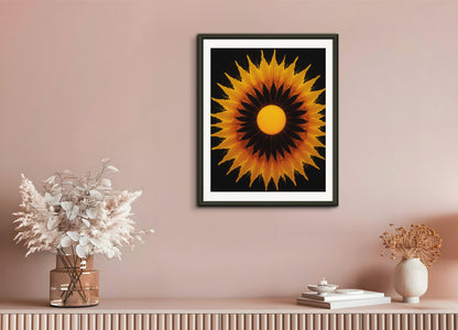 Poster with metal frame: Style centered on light and repetitive structures that explore the phenomena of perception and movement dynamics, Sun