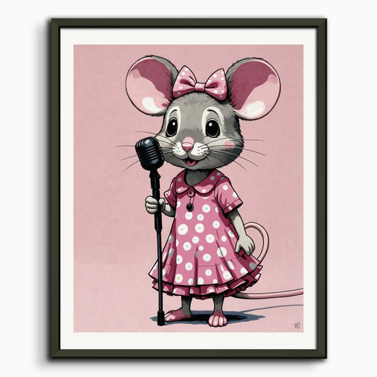 Poster: Contemporary Japanese kawaii artist, mouse in a pink dress with a microphone