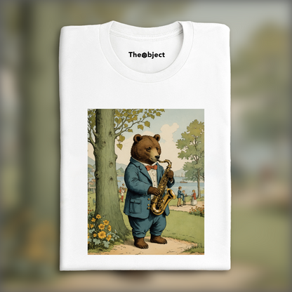 T-Shirt - Illustrations britanniques, enfance innocente et nostalgique, un ours joue du saxophone - 930151252