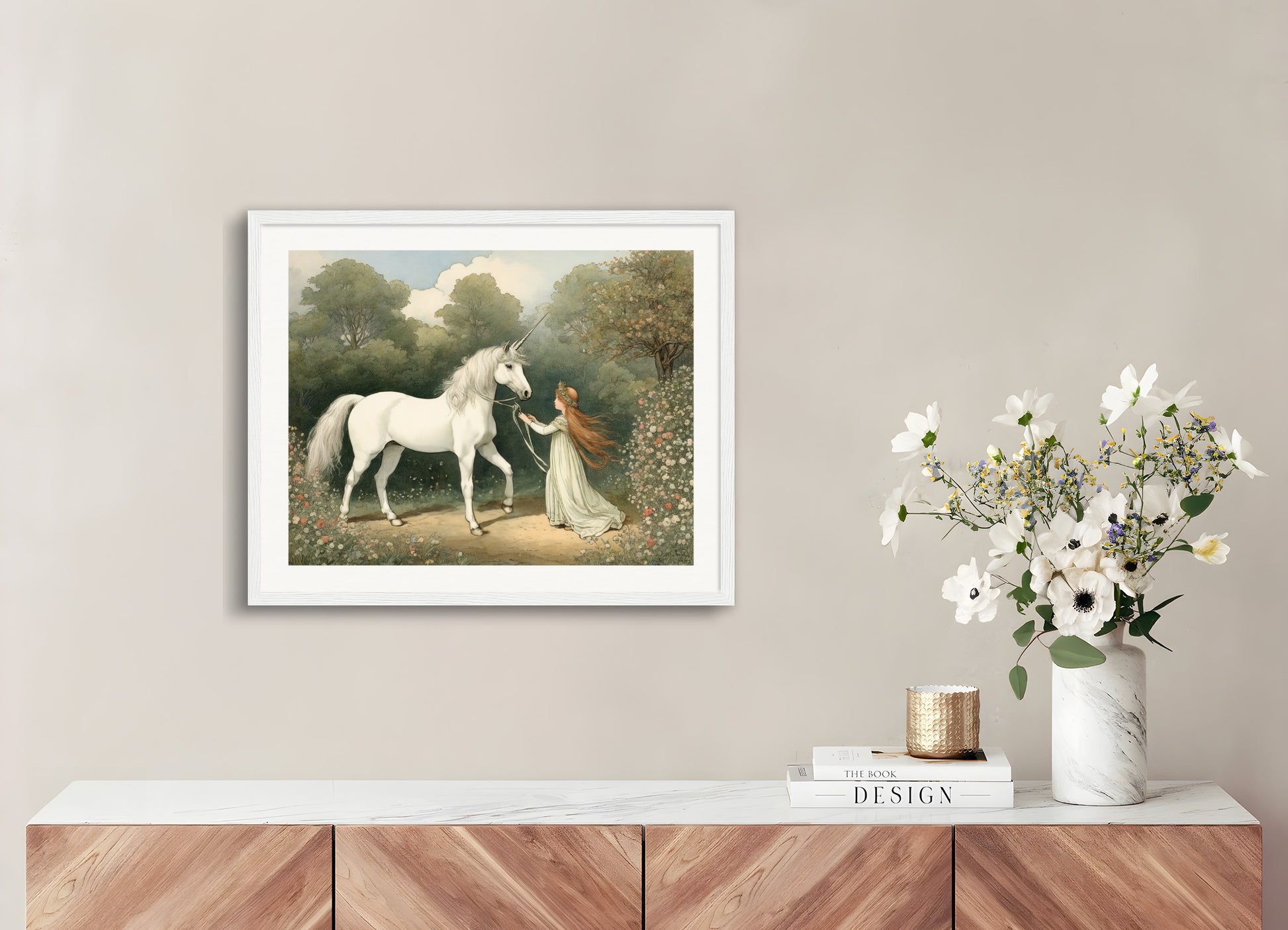 Poster with wood frame: British illustrations, innocent and nostalgic childhood, a unicorn