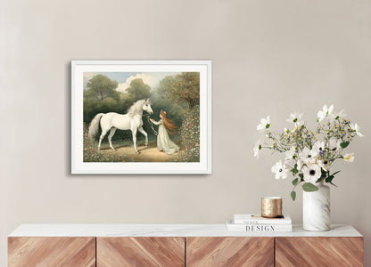 Poster with wood frame: British illustrations, innocent and nostalgic childhood, a unicorn