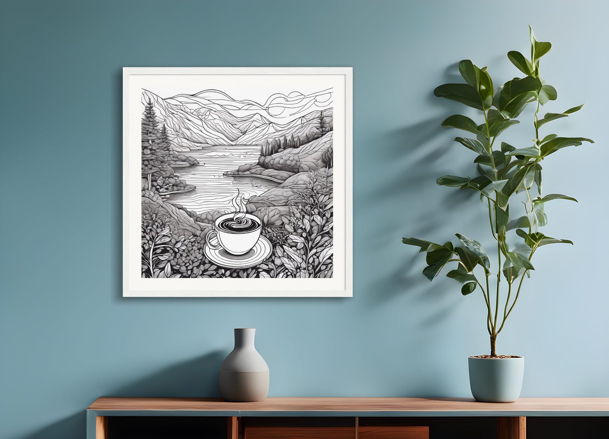 Poster with wood frame: Line art, Coffee