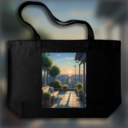 Tote bag - Animé contemporain japonais, Une terrasse tranquille, soleil couchant - 3336632727