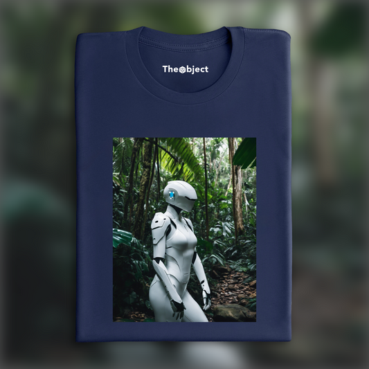 T-Shirt - Photographie réaliste, a white ghost in the shell cyborg in the Seychelles jungle - 2792670358