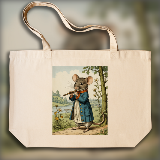 Tote bag - British illustrations, innocent and nostalgic childhood, a mouse playing the flute - 2394063320