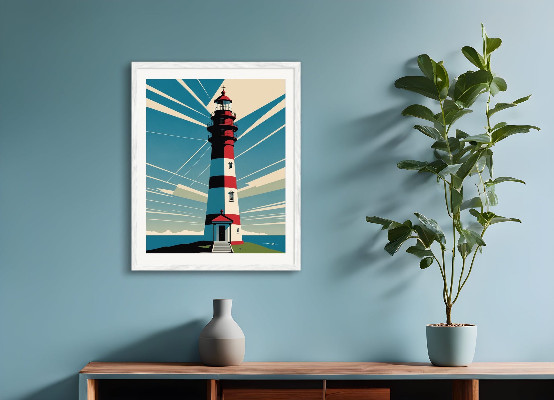 Poster with wood frame: Clean and functional style characterized by the use of geometry, restrained color palettes, Lighthouse