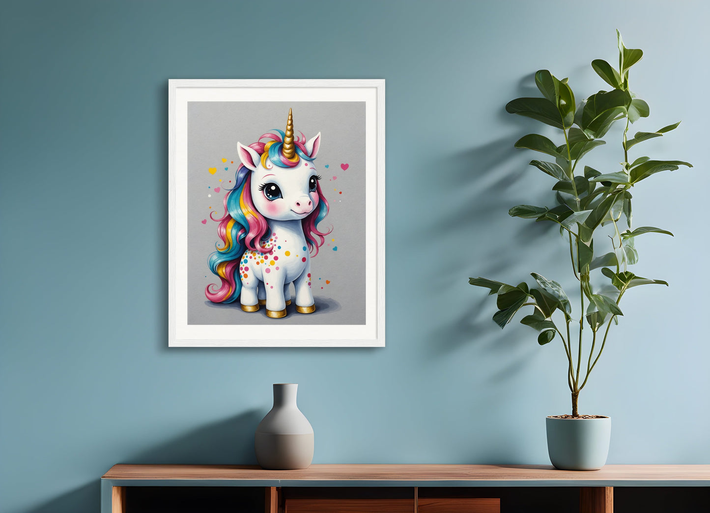 Poster with wood frame: Japanese contemporary Kawaii artist, A baby cute unicorn