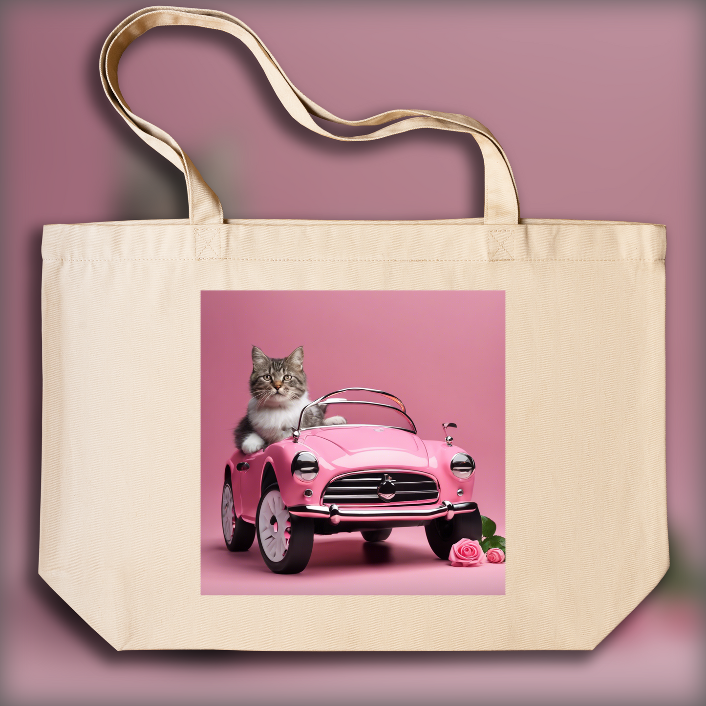 Tote bag - Voiture rose pour bébé avec un chat , Voiture rose  électrique pour bébé avec un chat  - 3131974221