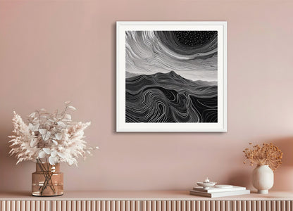 Poster with wood frame: Monochrome art, topographic lines on a cosmic background, Coffee